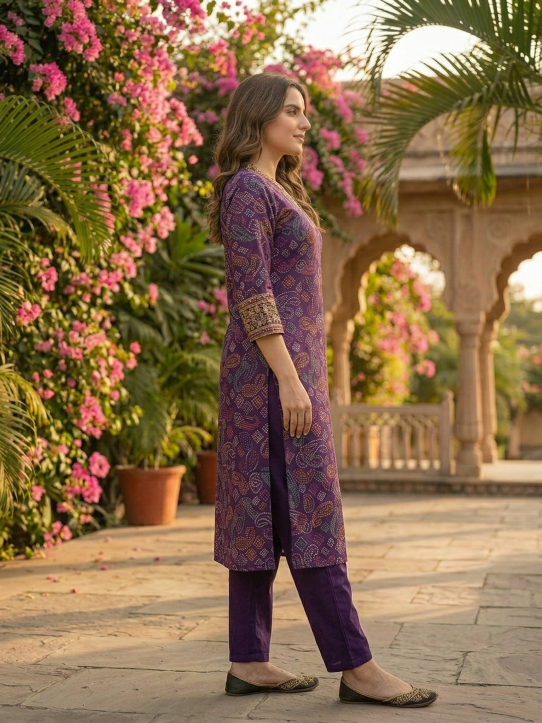 Bandhani Foil Printed & Embroidered Straight Kurta with Pant - Purple