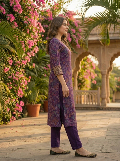 Bandhani Foil Printed & Embroidered Straight Kurta with Pant - Purple