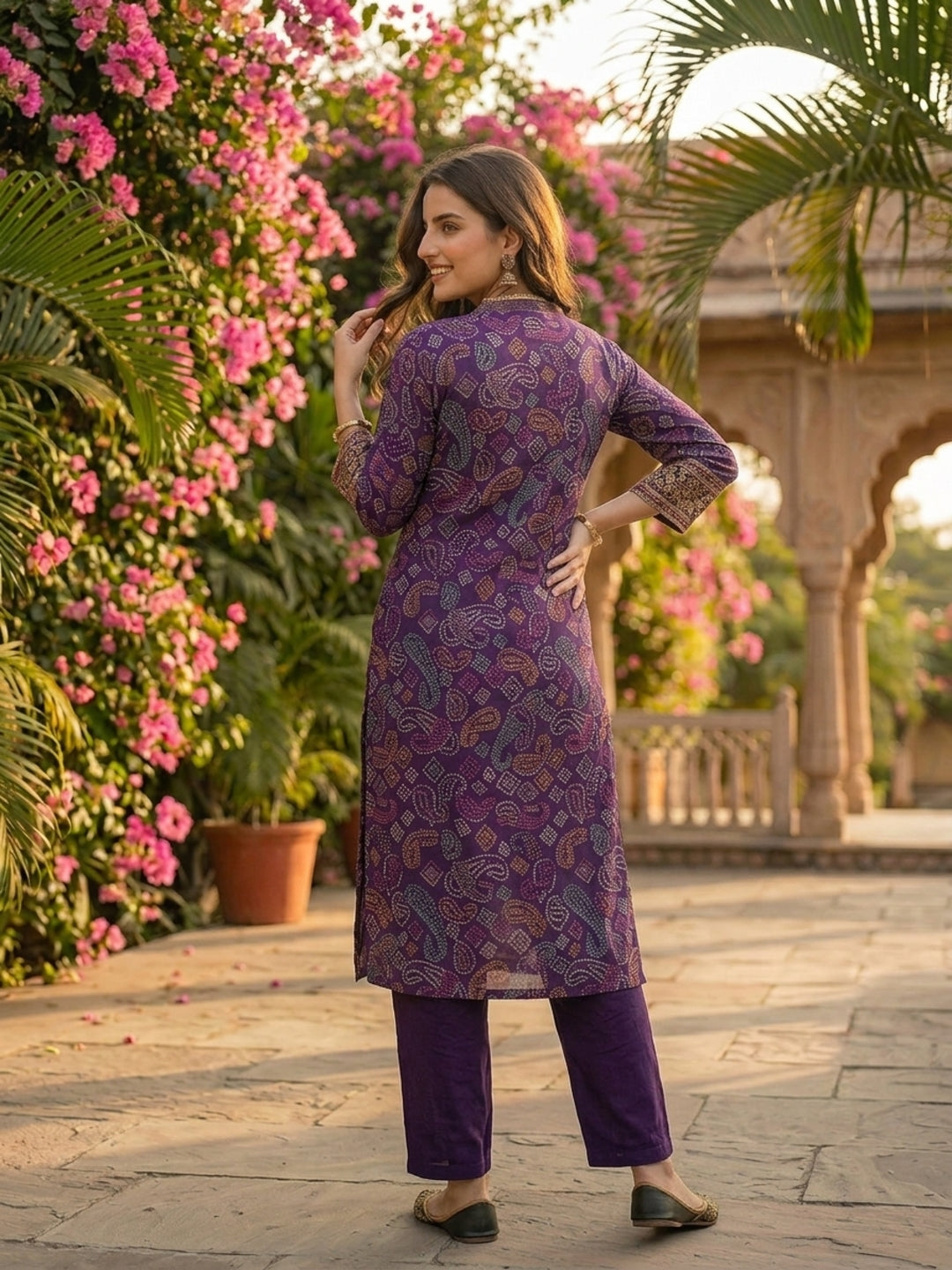 Bandhani Foil Printed & Embroidered Straight Kurta with Pant - Purple