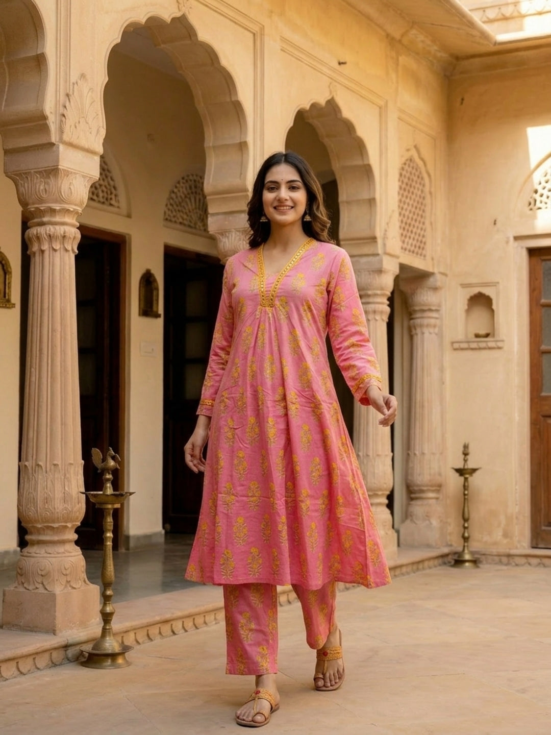 Ethnic Floral Printed A-Line Co-ord Set - Pink