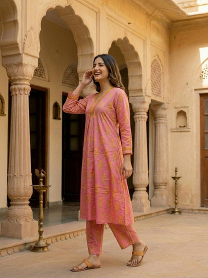 Ethnic Floral Printed A-Line Co-ord Set - Pink