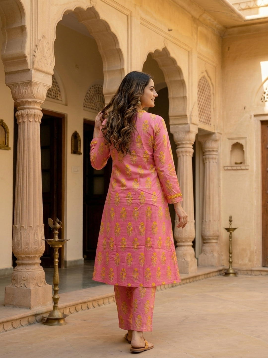 Ethnic Floral Printed A-Line Co-ord Set - Pink