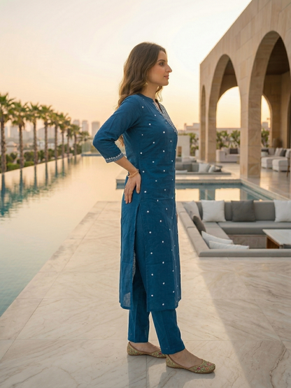 Solid Ethnic Embroidered Straight Fit Kurta with Pant - Blue