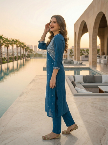 Solid Ethnic Embroidered Straight Fit Kurta with Pant - Blue