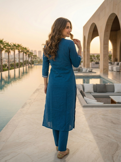 Solid Ethnic Embroidered Straight Fit Kurta with Pant - Blue