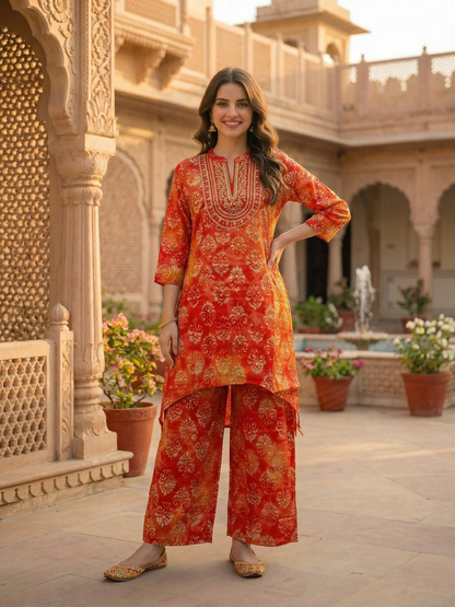 Ethnic Dabu Printed & Embroidered A-Line Co-ord Set - Rust