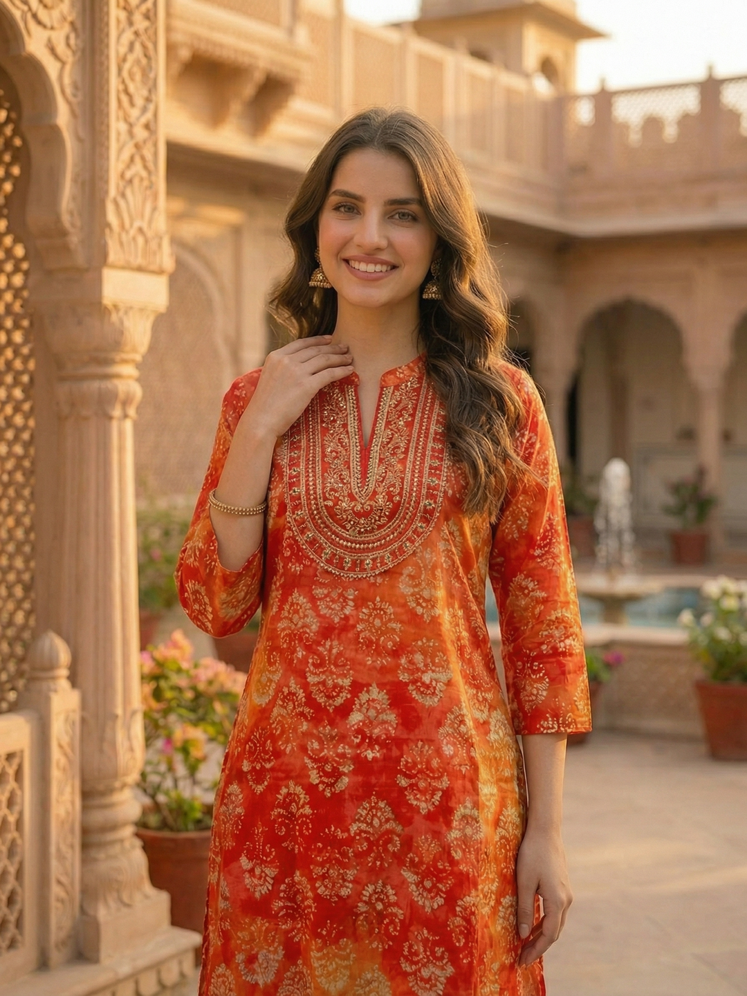 Ethnic Dabu Printed & Embroidered A-Line Co-ord Set - Rust
