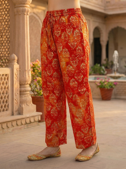 Ethnic Dabu Printed & Embroidered A-Line Co-ord Set - Rust