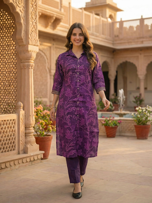 Ethnic Printed Straight Kurta with Pant - Purple