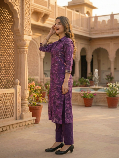Ethnic Printed Straight Kurta with Pant - Purple