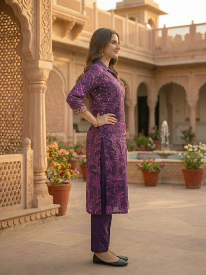 Ethnic Printed Straight Kurta with Pant - Purple