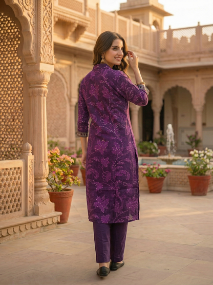 Ethnic Printed Straight Kurta with Pant - Purple