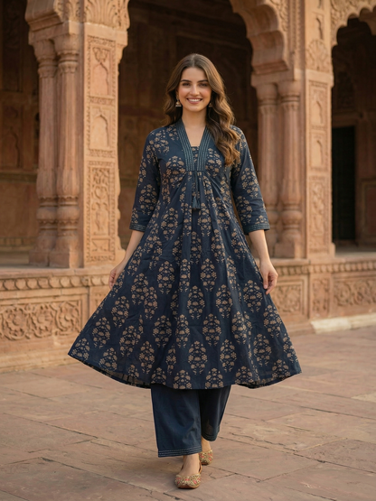 Ethnic Floral Printed A-Line Paneled Kurta with Palazzo Co-ord Set - Blue