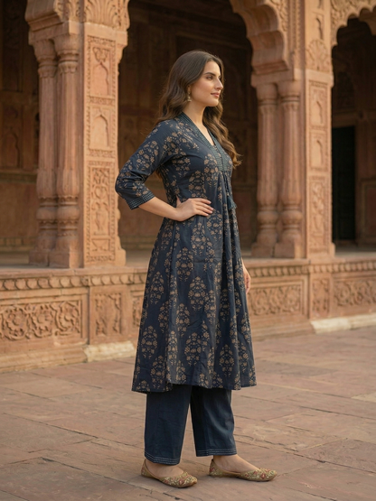 Ethnic Floral Printed A-Line Paneled Kurta with Palazzo Co-ord Set - Blue