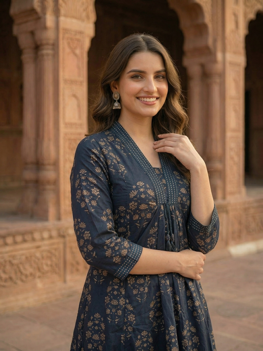 Ethnic Floral Printed A-Line Paneled Kurta with Palazzo Co-ord Set - Blue