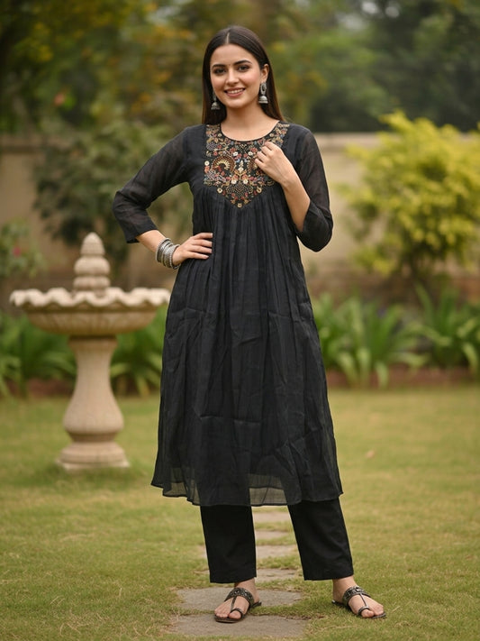 Solid Floral Resham Embroidered A-Line Co-ord Set - Black
