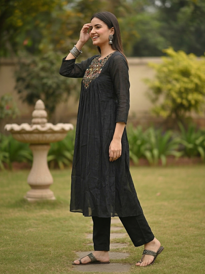 Solid Floral Resham Embroidered A-Line Co-ord Set - Black