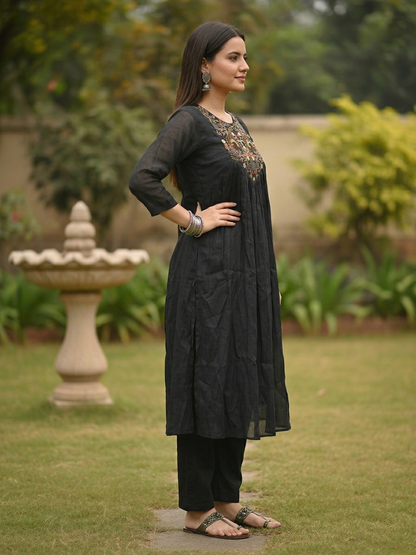 Solid Floral Resham Embroidered A-Line Co-ord Set - Black