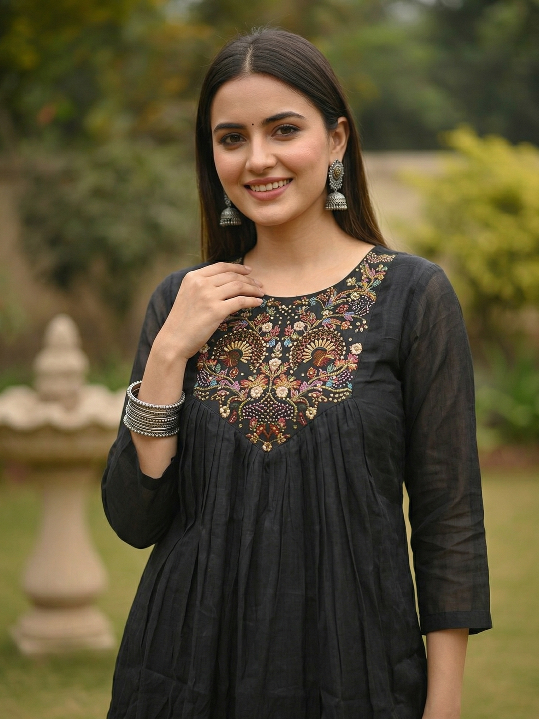 Solid Floral Resham Embroidered A-Line Co-ord Set - Black