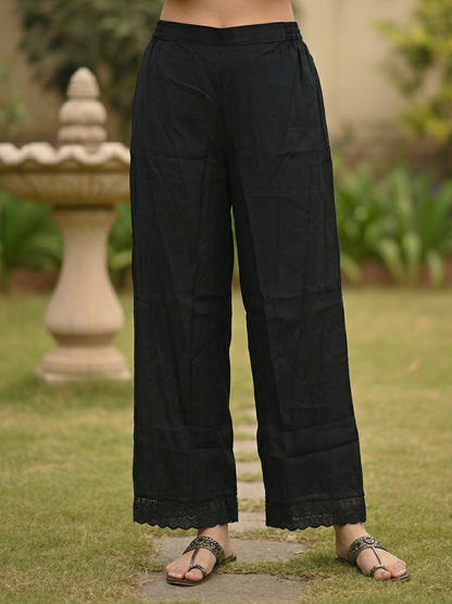 Solid Floral Resham Embroidered A-Line Co-ord Set - Black
