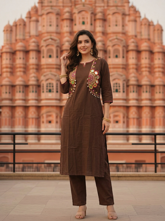 Solid Straight Fit Cotton Kurta with Pant & Mirror Work Sleeveless Jacket - Brown