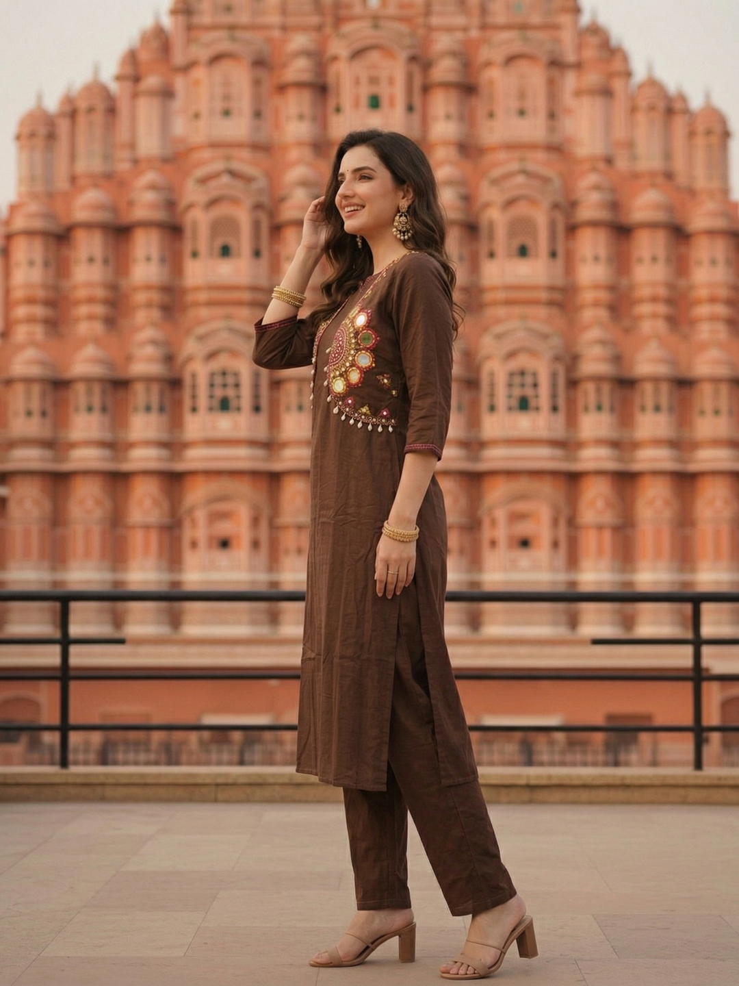 Solid Straight Fit Cotton Kurta with Pant & Mirror Work Sleeveless Jacket - Brown