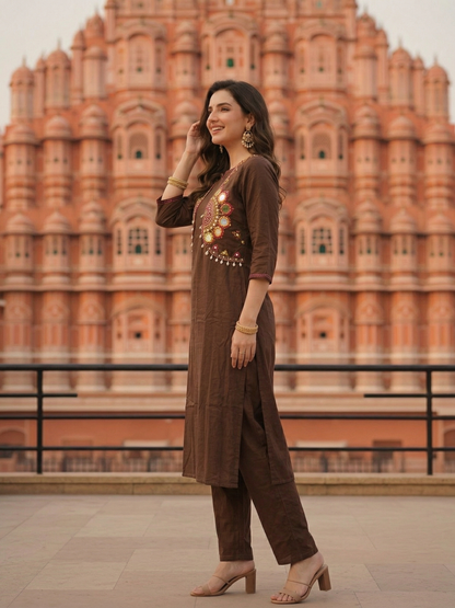 Solid Straight Fit Cotton Kurta with Pant & Mirror Work Sleeveless Jacket - Brown