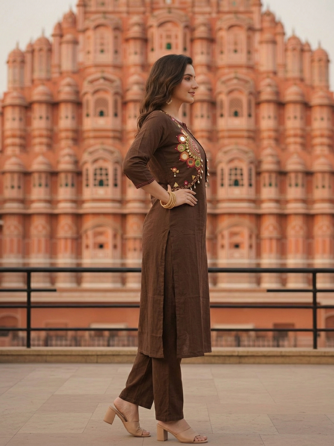 Solid Straight Fit Cotton Kurta with Pant & Mirror Work Sleeveless Jacket - Brown
