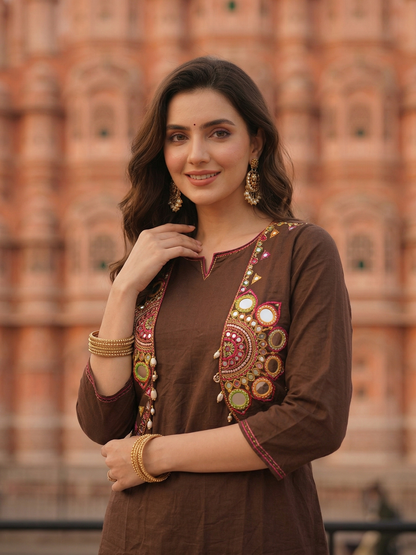 Solid Straight Fit Cotton Kurta with Pant & Mirror Work Sleeveless Jacket - Brown