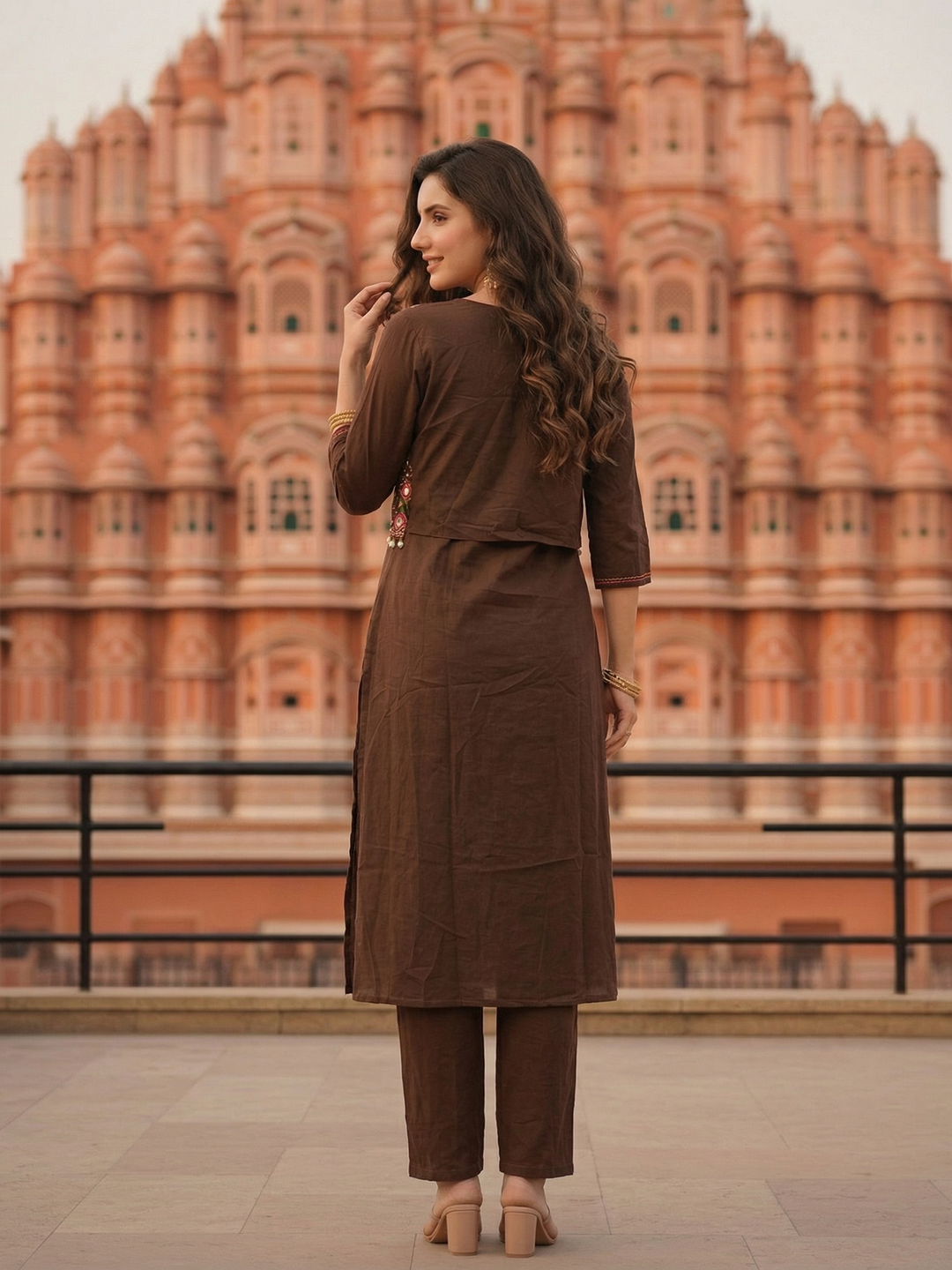Solid Straight Fit Cotton Kurta with Pant & Mirror Work Sleeveless Jacket - Brown