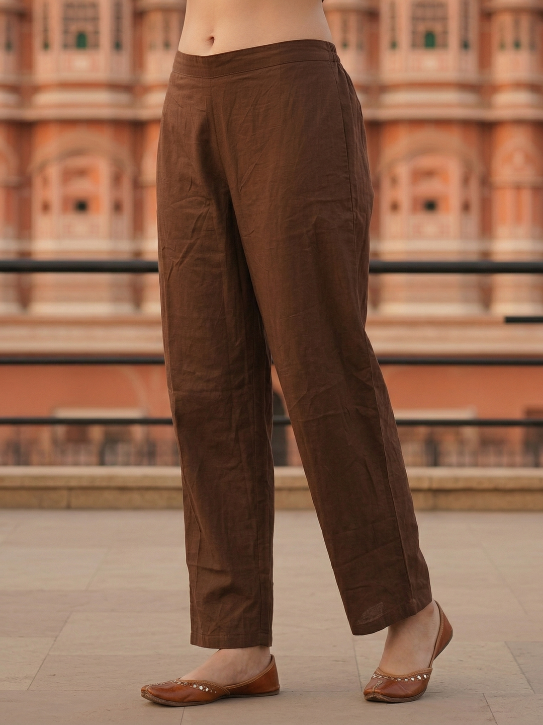 Solid Straight Fit Cotton Kurta with Pant & Mirror Work Sleeveless Jacket - Brown