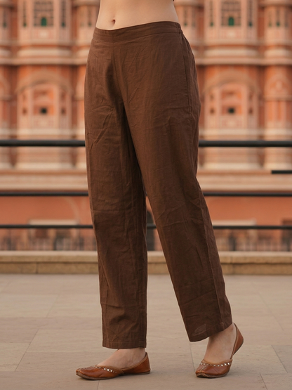 Solid Straight Fit Cotton Kurta with Pant & Mirror Work Sleeveless Jacket - Brown
