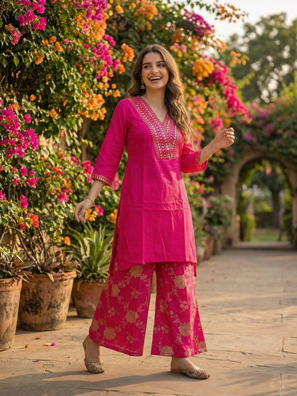 Solid Sequin Embroidered A-Line Kurta with Brocade Palazzo - Magenta