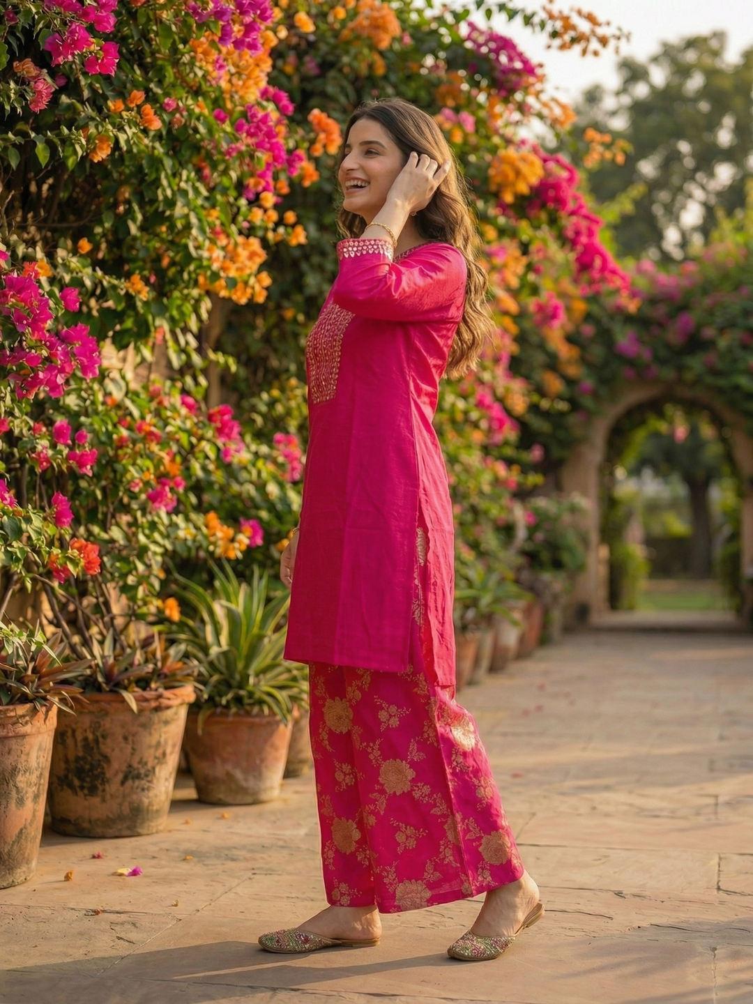 Solid Sequin Embroidered A-Line Kurta with Brocade Palazzo - Magenta