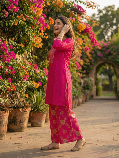 Solid Sequin Embroidered A-Line Kurta with Brocade Palazzo - Magenta