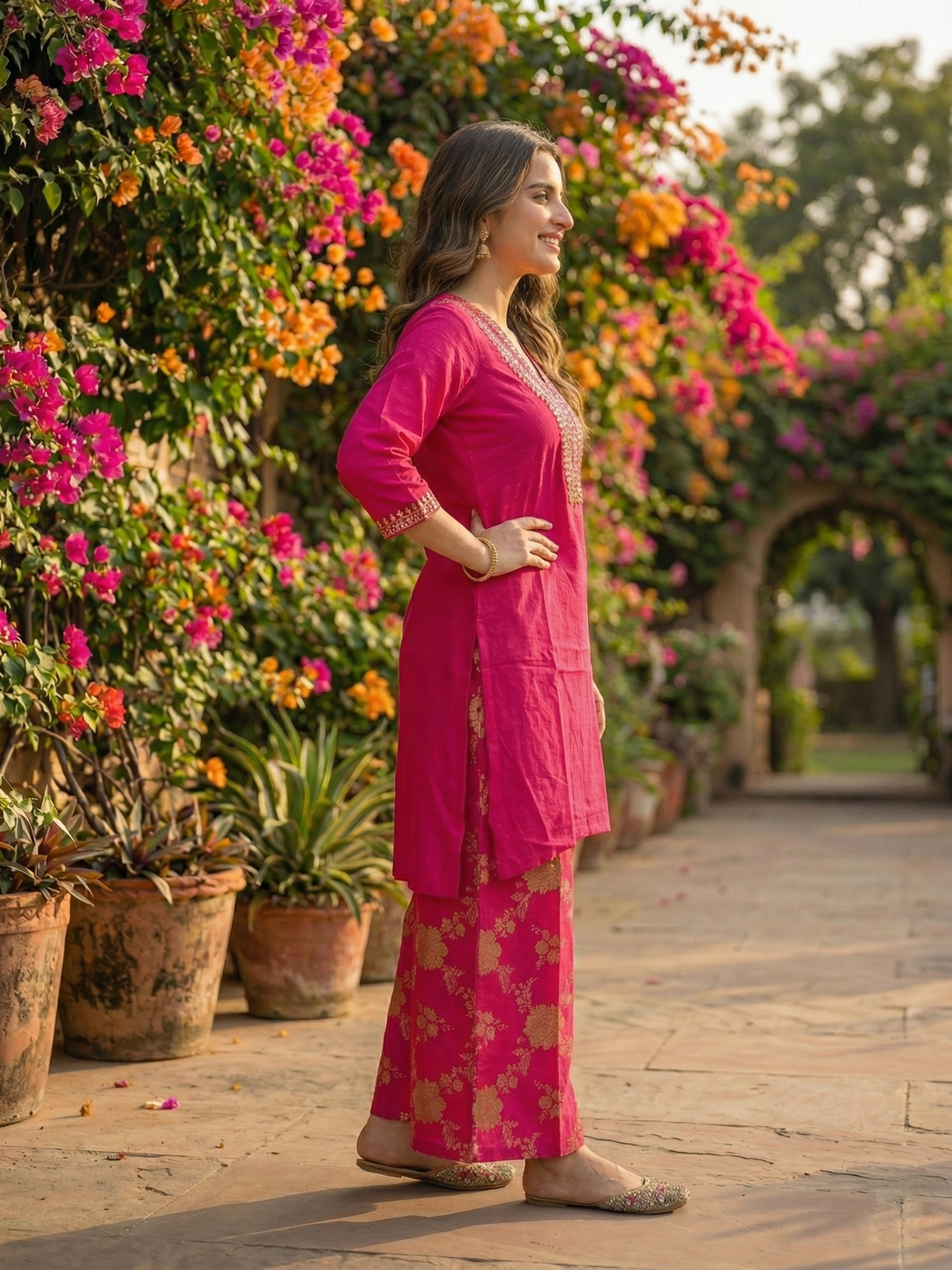 Solid Sequin Embroidered A-Line Kurta with Brocade Palazzo - Magenta
