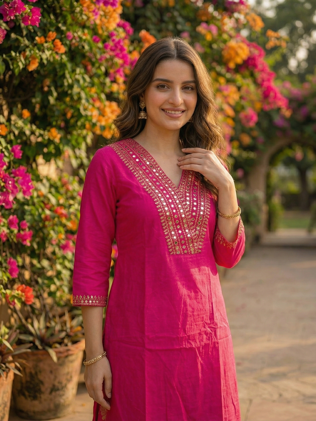 Solid Sequin Embroidered A-Line Kurta with Brocade Palazzo - Magenta