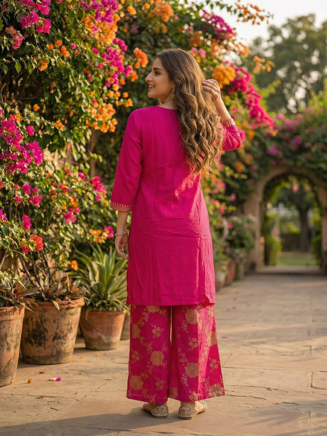 Solid Sequin Embroidered A-Line Kurta with Brocade Palazzo - Magenta