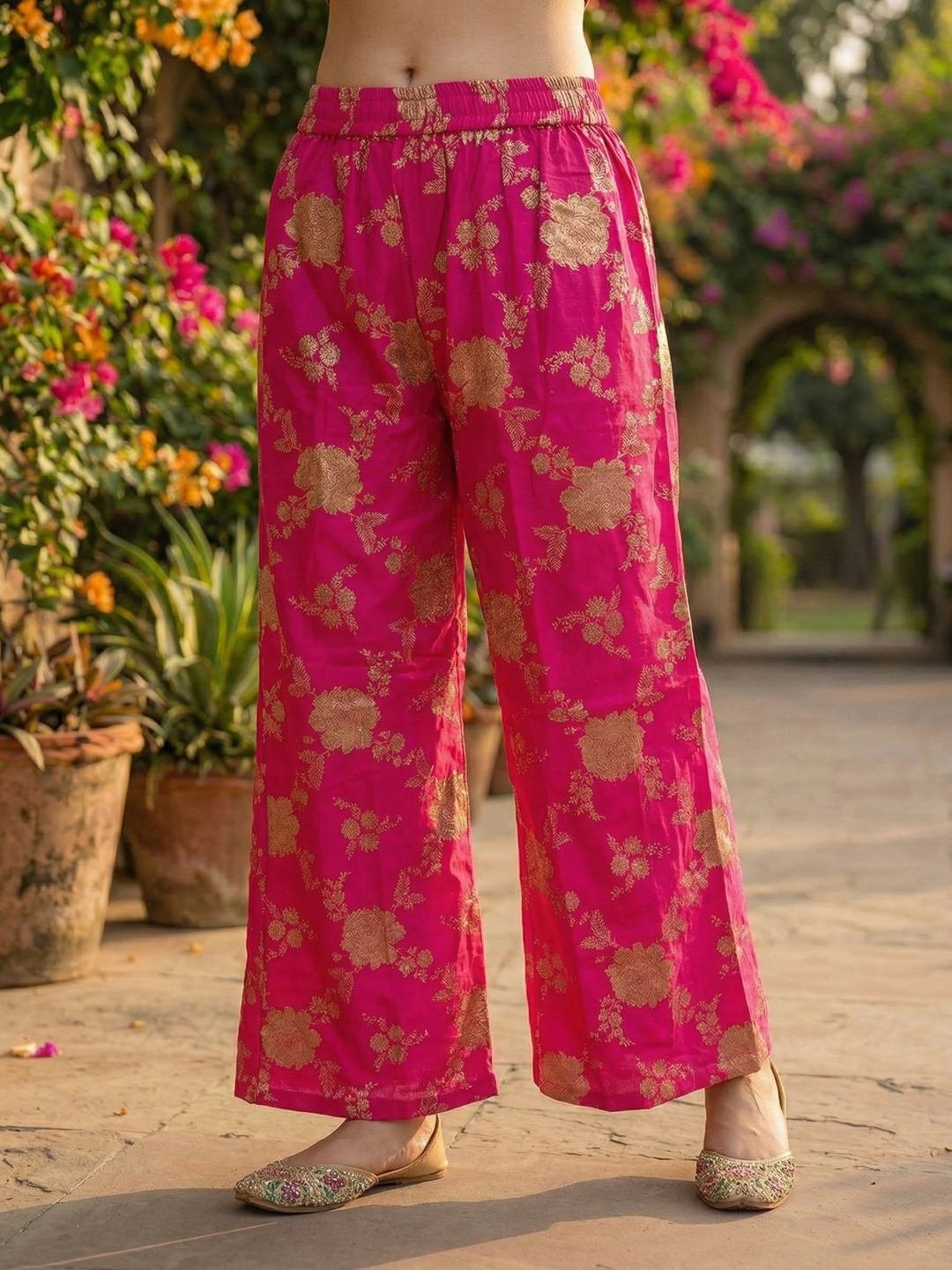 Solid Sequin Embroidered A-Line Kurta with Brocade Palazzo - Magenta
