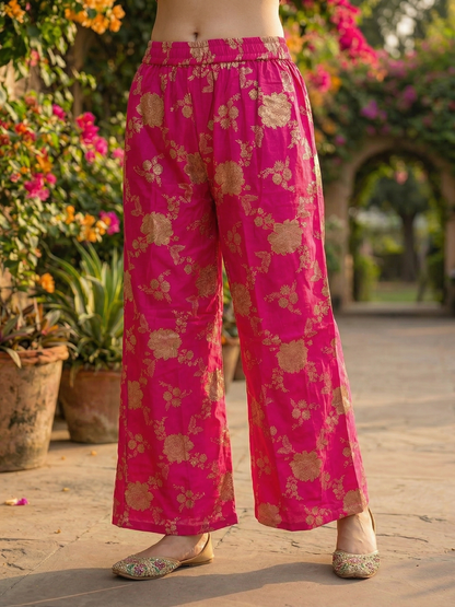 Solid Sequin Embroidered A-Line Kurta with Brocade Palazzo - Magenta