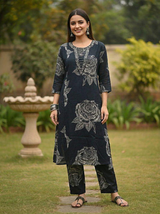 Abstract Floral Printed & Embroidered A-Line Kurta with Palazzo Co-ord Set - Navy Blue
