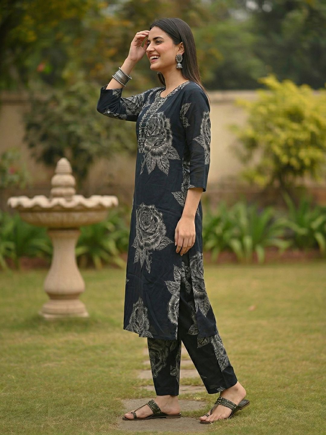 Abstract Floral Printed & Embroidered A-Line Kurta with Palazzo Co-ord Set - Navy Blue