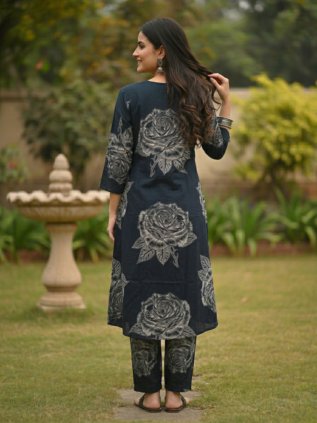 Abstract Floral Printed & Embroidered A-Line Kurta with Palazzo Co-ord Set - Navy Blue