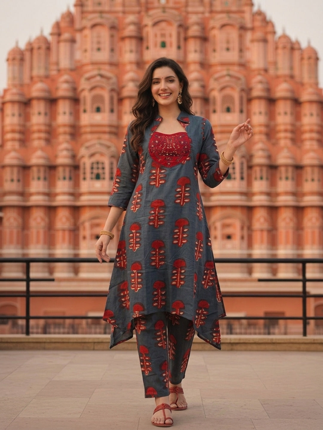 Ethnic Ikat Printed & Embroidered A-Line Kurta with Palazzo - Blue