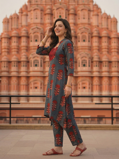 Ethnic Ikat Printed & Embroidered A-Line Kurta with Palazzo - Blue