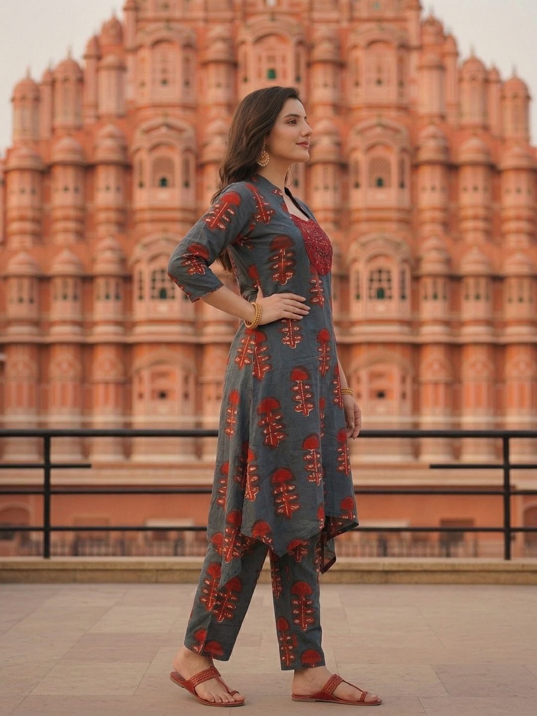 Ethnic Ikat Printed & Embroidered A-Line Kurta with Palazzo - Blue