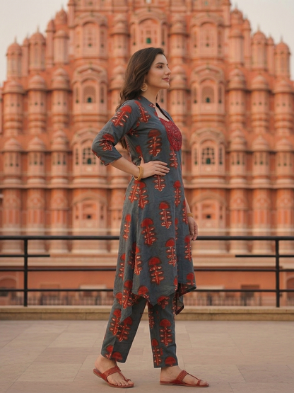 Ethnic Ikat Printed & Embroidered A-Line Kurta with Palazzo - Blue