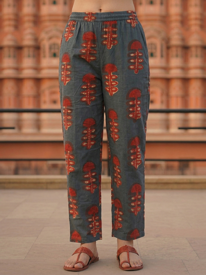 Ethnic Ikat Printed & Embroidered A-Line Kurta with Palazzo - Blue