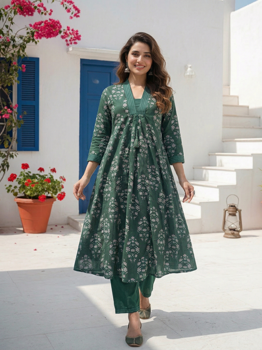 Ethnic Floral Printed A-Line Paneled Kurta with Palazzo Co-ord Set - Green
