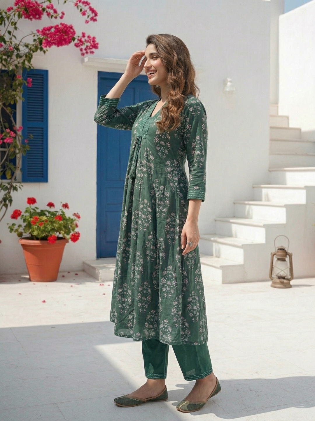 Ethnic Floral Printed A-Line Paneled Kurta with Palazzo Co-ord Set - Green